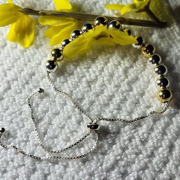 Jade, New, Sterling Silver, Stamped, Two-Tone, 6mm Bead Adjustable Bracelet - Picture 1 of 6